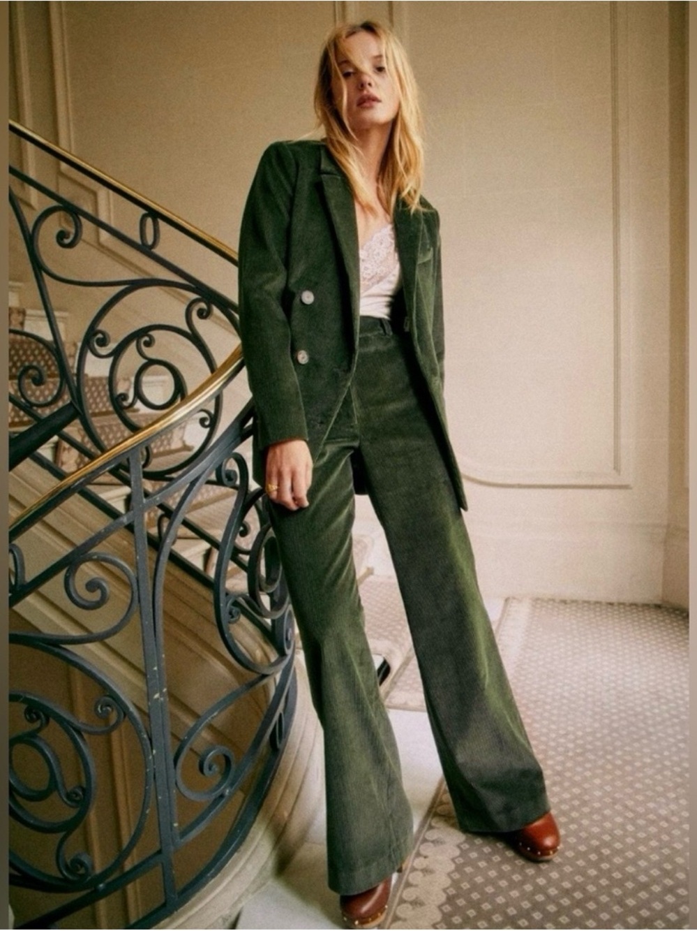 Sezane Dark Green Matheo Textured Wide-Leg Pants